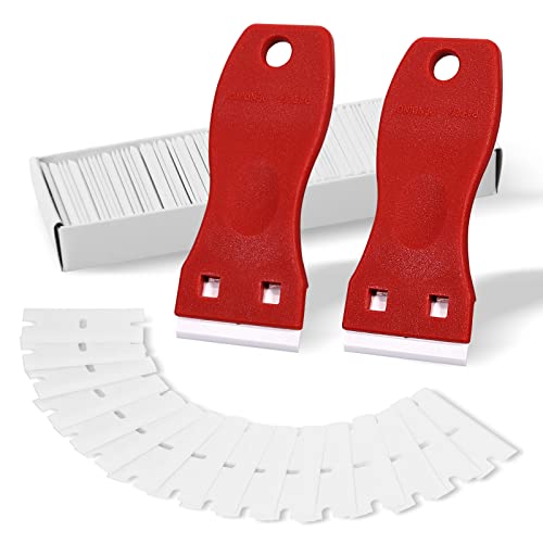 FOSHIO 2PCS Plastic Razor Blade Scraper Tool and 100PCS Plastic Blades for Gasket Remover, Sticker Remover, Labels Decal and Adhesive Remover for Windows and Glass (Red) - color: Red