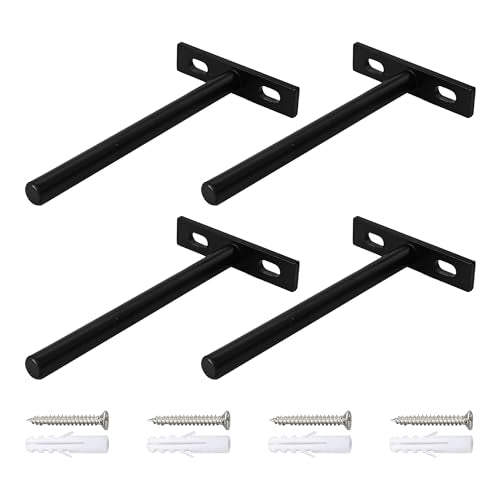 4Pcs 5 Inch Black Floating Shelf Brackets, Heavy Duty Hidden Shelf Supports, Concealed Blind Shelf Support for Wood Shelves DIY Home Decor, Includes Screws and Wall Plugs - size: 5 Inch