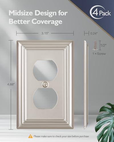 Switch Plates Outlet Covers, 4-Pack Metal Wall Plates, Satin Nickel - color: Satin Nickel, size: 1 Duplex 4PK