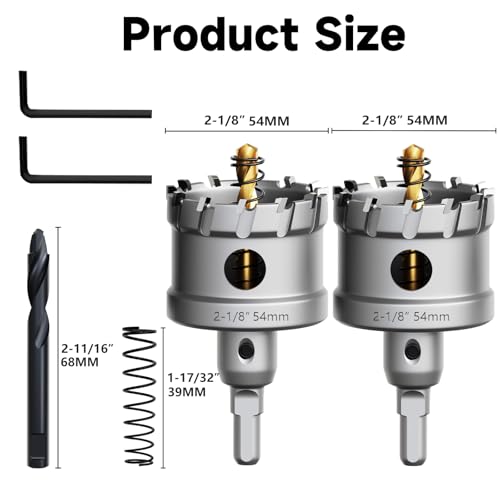 Metal Hole Saw 2-1/8''(54mm) 2Pcs Set Heavy Duty Tungsten Carbide Tipped Hole Cutters Set with a nitrided Step Drill and L-flench, for Steel Iron,Aluminum,Stainless stell,Plastic - size: 2-1/8''(54mm)-2PCS