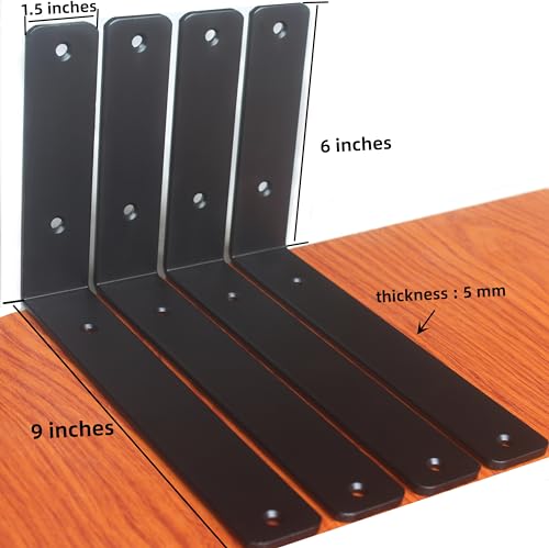 2 Pack - L 9" x H 6" x W1.5, 5mm Thick Black L Shelf Bracket, Iron Shelf Brackets, Metal Shelf Brackets, Floating Shelf, Shelf Supports with Screws - size: 9''x6'', style: Black 2 Pack