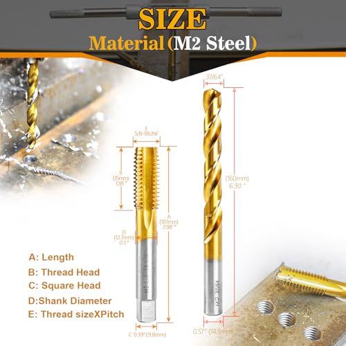 5/8"-18 UNF Tap and 37/64" Drill Bit Kit for Metal,M2 HSS Drill and Tap Set - size: 5/8"-18 Tap, 37/64" Drill