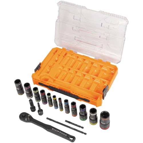 Klein Tools 65626 KNECT Deep Well Impact Socket Set, 3/8-Inch Drive Ratchet, 24 SAE and Metric Flip Socket Sizes, MODbox Case - style: 24-Piece Metric & SAE Set