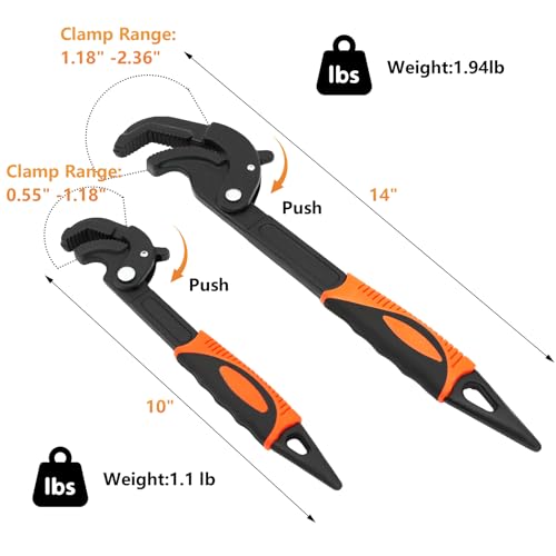 ETERNA 10" & 14" Pipe Wrench Set, 2 Pack Multi-Function Adjustable Pipe Wrench Set, Self Adjusting, Self Locking, Quick Open, Power Grip Wrench for Plumbing Pipes, Nuts, Screws, Vehicle Repairs