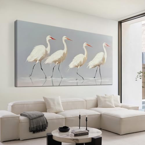 SSNEEKNDG White Heron Wall Art Bird Painting Animal Texture Artwork 24"x48" - size: 24"L x 48"W