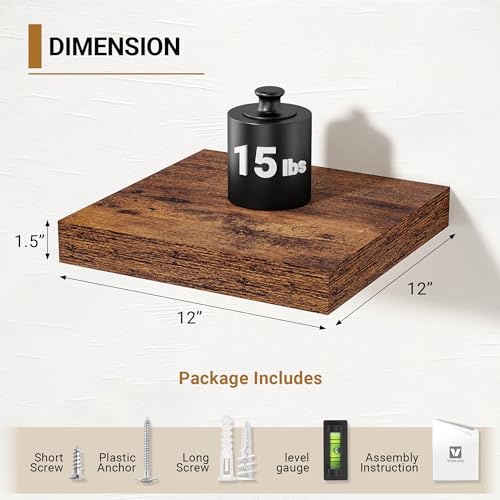 Vivelove 12x12 Deep Floating Shelves, Rustic Brown, Set of 2 - color: Rustic Brown, size: 12”wx12”dx1.5”h