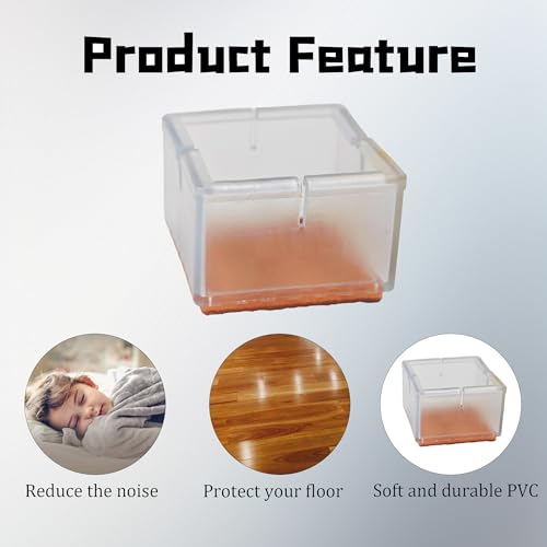 12PCS PVC Square Chair Leg Protectors with Felt Bottom, Non-Slip Furniture Pads for Hardwood Floors, Quiet Table Feet Caps Covers, Fits 1.65"-1.88" (42-48mm) - Transparent - size: 42-48mm/Clear