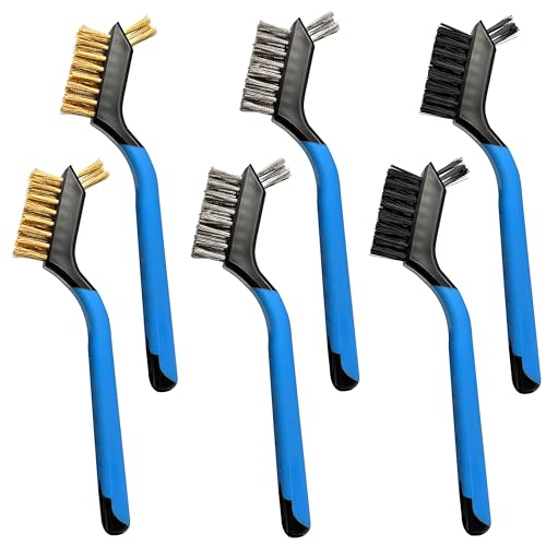 Mini Wire Brush Set 6Pcs - Nylon/Brass/Stainless Steel Bristles with Curved Handle Grip for Rust, Dirt & Paint Scrubbing with Deep Cleaning - style: Nylon, brass, stainess 6pcs