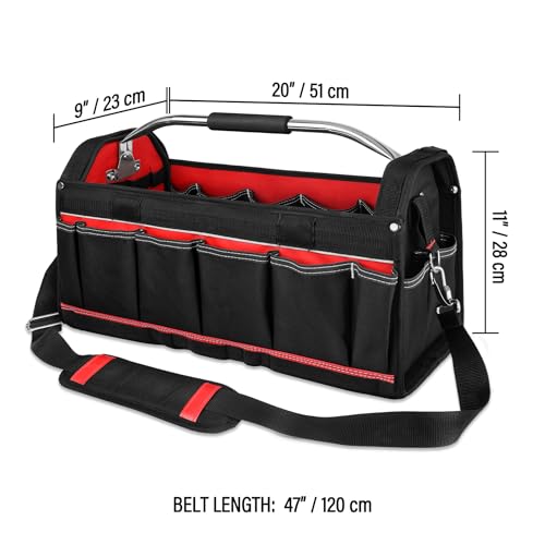 HAUTMEC 20" Heavy-Duty Open Top Tool Bag with Waterproof Clear Cover, Large Tool Tote with Rotating Handle, Rigid Frame, Wear-Resistant Hard Base & Padded Shoulder Strap – HT0296 - style: Tool Tote | Waterproof