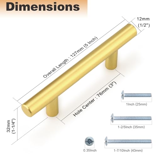 Probrico 5 Pack 3 Inch Center-to-Center Kitchen Cabinet Pulls T Bar Gold Cabinet Handles Modern Drawer Hardware Dresser Pulls, 5 Inch Total Length - color: Gold, size: hole center 3"