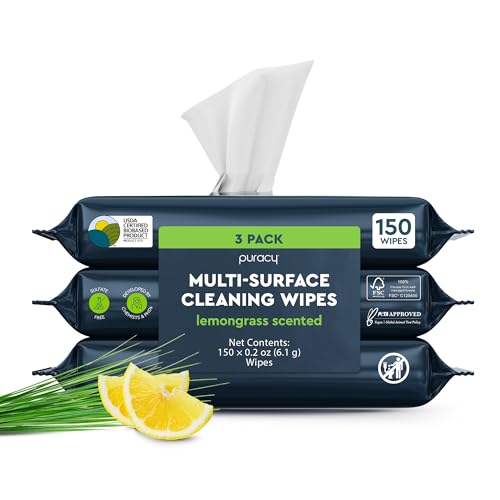 Puracy All Purpose Cleaning Wipes – Non Toxic Multi-Surface Cleaner & Appliance Wipes for Car, Bathroom, Kitchen – Lemongrass Scent (150 Count, 3 Pack) - size: 150 Count (Pack of 3)