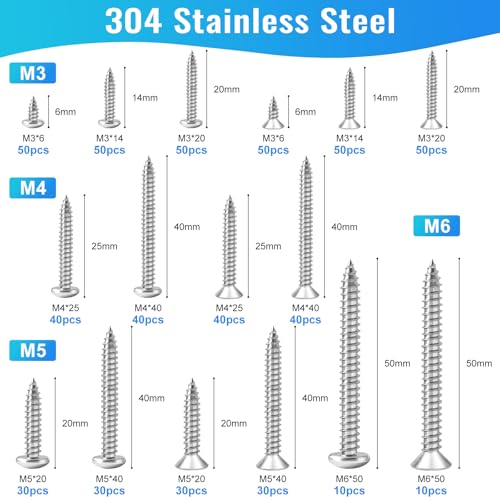 600PCS M3 M4 M5 M6 Stainless Steel Wood Screws Assortment Kit, 16 Sizes Round & Flat Head Metal Screws Self Tapping Screws Set for Wood Deck Drywall Concrete Screws, Length 6mm to 50mm - style: Silver Round & Flat Head 600PCS