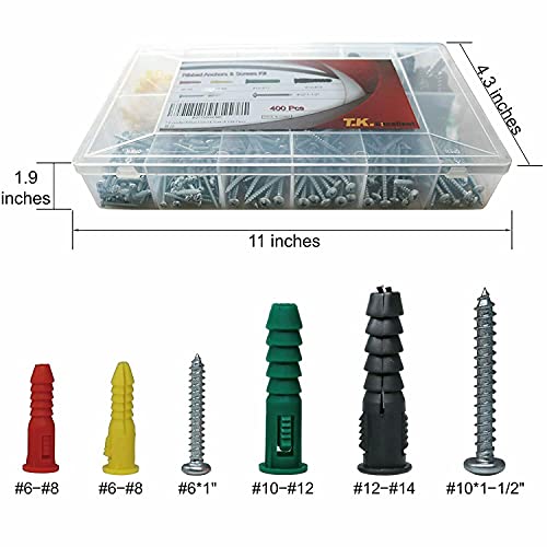 T.K.Excellent Plastic Drywall Anchors and Screws Kit, Ribbed Anchors Assortment Screws Kit, Wall Anchor Kit 400Pcs