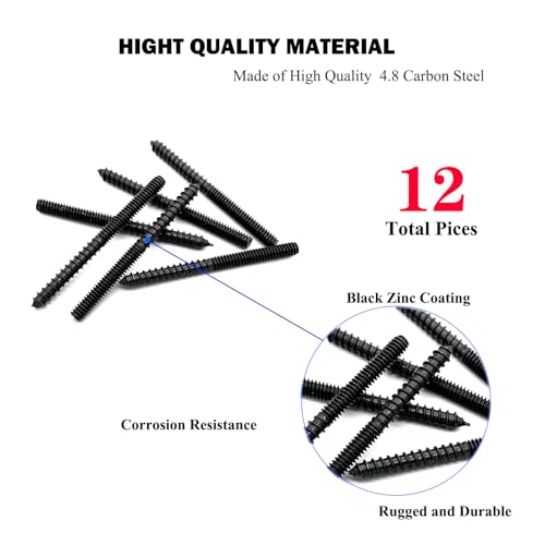 12 Pack 1/4-20 x 3 Inch Black Hanger Bolts - Double Headed, Carbon Steel, 1/4-20" Double Screw, Wood Dowel Screw - size: Black 1/4-20"x3"-12PCS