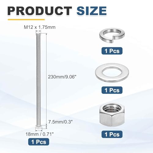 MECCANIXITY M12 x 230mm 304 Stainless Steel Hex Head Screws Bolts, Nuts, Flat & Lock Washers Assortment Kit, Fully Threaded, Bright Finish for Home, Electronic, Machine, 1 Sets - size: M12 x 230mm