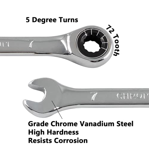 2 Pcs 7mm Ratchet Combination Wrench, Metric 72-Tooth - size: 7 mm