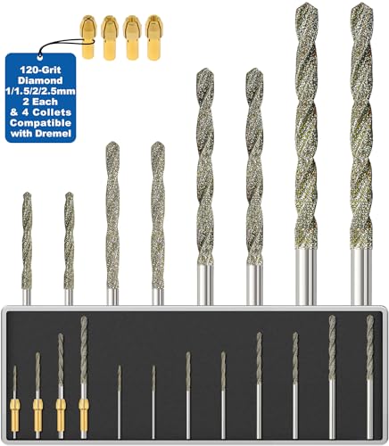 Sworker Diamond Drill Bits 1mm 1.5mm 2mm 2.5mm 2 Each 120-Grit 8Pcs with 4 Collets Compatible with Dremel Rotary Tool for Sea Glass Stone Shells Jewelry Making Porcelain Ceramic Gems - style: 8Bits+4Collets