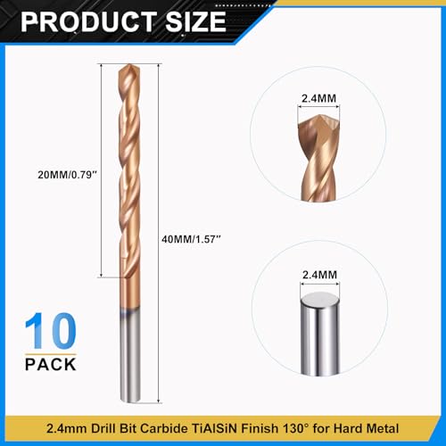 PATIKIL 2.4mm Drill Bit Carbide for Stainless Steel Hard Metal 130° 10 Pack - size: 2.4mm