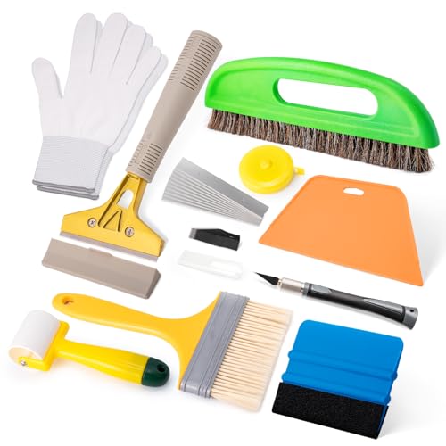 FOSHIO Professional Wallpaper Tools Kit, Including Wallpaper Smoothing Brush, Seam Roller, Paste Brush, Wallpaper Smoothing Tool, Wallpaper Scraper, Vinyl Wrap Gloves, Mesureing Tape, Exacto Knife - color: 03 Wallpaper Kit
