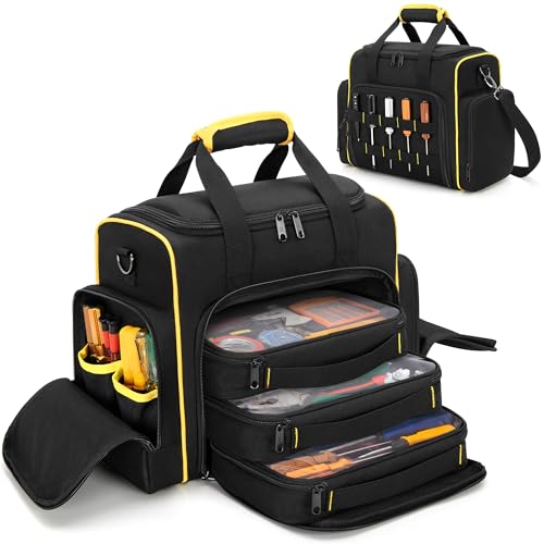 Marscamd Tool Bag with 3 Removable Cases, 2 Layers Tool Tote for Hand Tools - color: Black with Yellow Binding