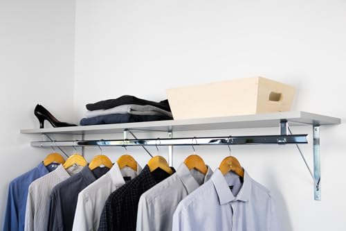 Custom Cut-to-Size Premium Wall-Mounted Shelf with Rod and Bracket Kit. 3/4" Thick Shelves, 14 inches deep. Customize the Length from 16" up to 72". - color: Grey - Chrome, size: 44 - 72