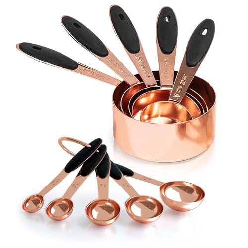 Joyhill Copper Measuring Cups and Spoons Set of 10 Piece, Stainless Steel Nesting Measuring Cup Set with Soft Touch Silicone Handles for Dry and Liquid Ingredients - color: e)Rose gold-Black