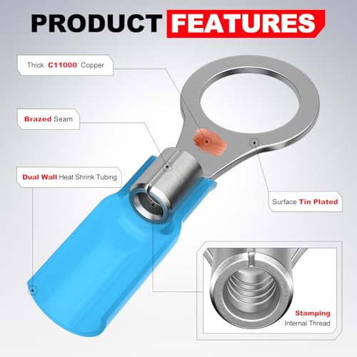 12-10 AWG/Gauge Heat Shrink Ring Terminal Kit Wire Connector Cable End Lugs - size: 12-10AWG-50pcs