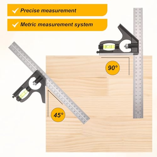 HARFINGTON 2Pcs Combination Square Ruler 12" / 300mm Metric Stainless Steel Carpenter Combo Square Metal Woodworking Measure Tools with Bubble Level for Metalworking and Carpentry, Silver