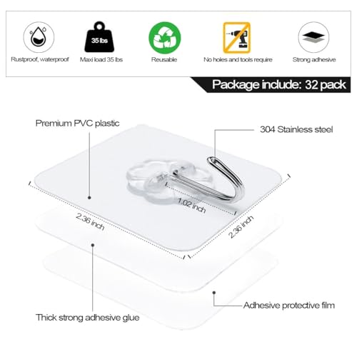ZESLMG Adhesive Wall Hooks for Hanging, 32 Pack Self Sticky Hooks Heavy Duty 22lb Clear, Removable Shower Hook No Damage for Towel Key Coat Wreath Picture Outdoor Ceiling Bathroom Kitchen, Waterproof - size: 32 Regular Hook