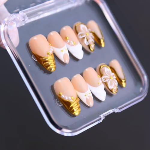 MAGLFELL Press On Nails - Handmade French Almond Fake Nails, French Nails Design, Reusable Artificial Almond False Nails for Women 10 Pcs 3D Acrylic Nails Kit (Size L) - color: Bowknot, size: L