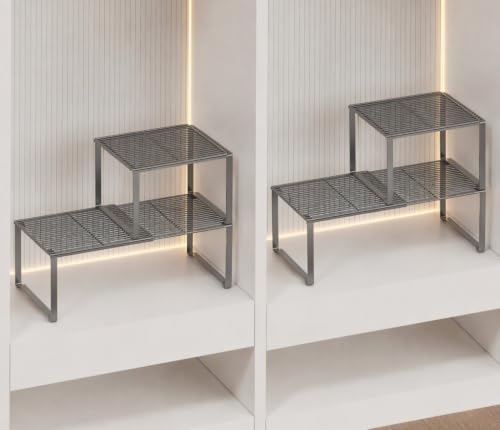 Extendable Metal Wire Shelf Organizer - Adjustable 15-24.4in Length, Stackable Storage Rack for Kitchen/Pantry/Bathroom/Shoe Cabinet/Tool Closet (Gunmetal, 4 Pack) - color: Gunmetal, size: 4 Pack
