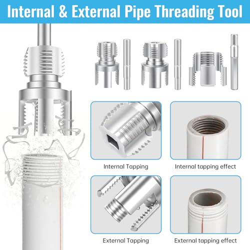 5 pcs Integrated Internal & External Pipe Threading Tool Kit with 1/2" 3/4" 1" Dies, Broken Bolt/Stripped Screw Extractor, 40Cr Steel Portable Set with Case for Plumbing, Electric Drill Compatible