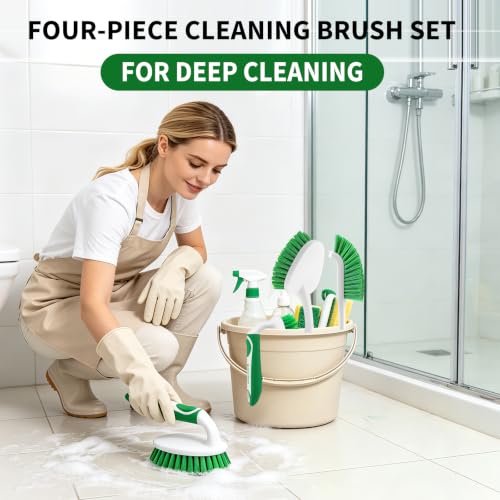 Scrub Brush Set of 4 Pack, Heavy Duty Shower Cleaning Brush Set, Green