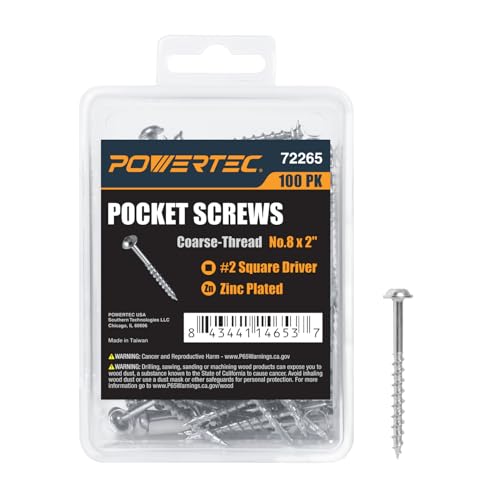 POWERTEC 100 PK Pocket Hole Screws, Maxi-Loc Head, #2 Square Drive, 2" Coarse Thread for Pocket Hole Jig, Heavy-Duty Furniture, Workbenches, Table Legs & Framing (72265) - style: 100PK 2" Coarse Maxi-Loc Screws