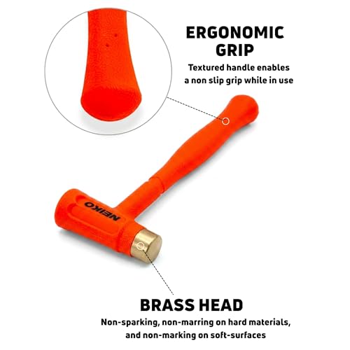 NEIKO 02871A Dead Blow Hammer With Brass Cap, 1.5 Pounds, Neon Orange Deadblow Hammers, Mallet, Spark and Rebound Resistant, Unibody Molded, Soft Blow Rubber, Non Slip Grip, Steel Shot and Core - size: 1.5 Pound, style: Brass Cap Dead Blow