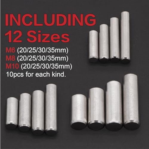 120Pcs 12 Kinds M6 M8 M10 304 Stainless Steel Dowel Pin Cylindrical Shelf Support Peg Pin Rod Fasten Elements Assortment Kit - size: M6/M8/M10