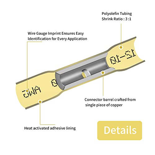 12-10 AWG Heat Shrink Butt Connectors - 50Pcs Yellow Waterproof Crimp Electrical Wire Connectors Splice Marine Automotive Cable Wiring Terminals - size: AWG 12-10