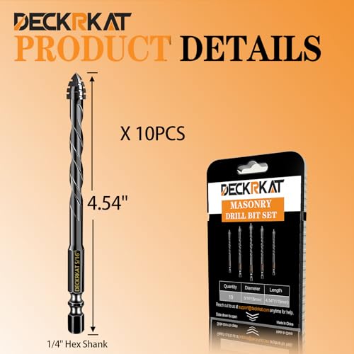 DECKRKAT Upgraded 10-Pack 5/16 Inch Black 4-Flute Serrated Masonry Drill Bits - Concrete, Tile, Glass, Brick, Ceramic, Plastic, Wood - size: 10 Piece 5/16", style: 4-Flute Serrated Drill Bit