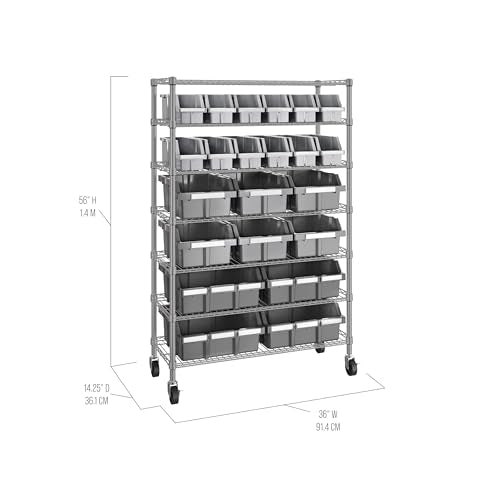7-Tier NSF 22-Bin Steel Wire Shelving Rack, 36"W x 14"D x 56"H, Gray | 22 slide-out bins with tilt-lock design keep supplies organized and accessible - color: Gray, size: 22 Bin