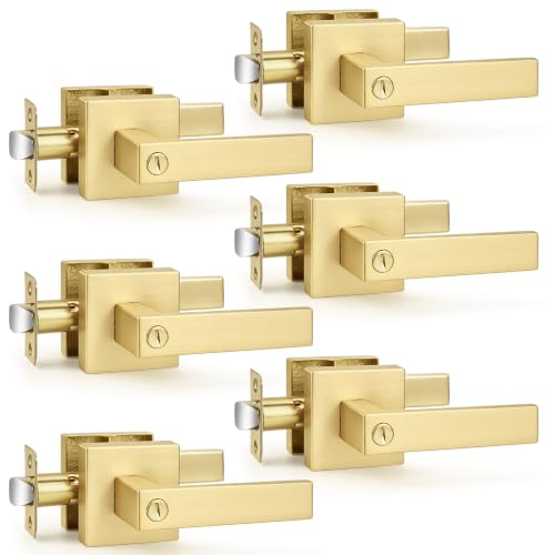 Probrico Privacy Interior Door Handles 6 Pack, Gold Heavy Duty Locking Zinc Alloy Levers for Bedroom & Bathroom - color: Brushed Gold