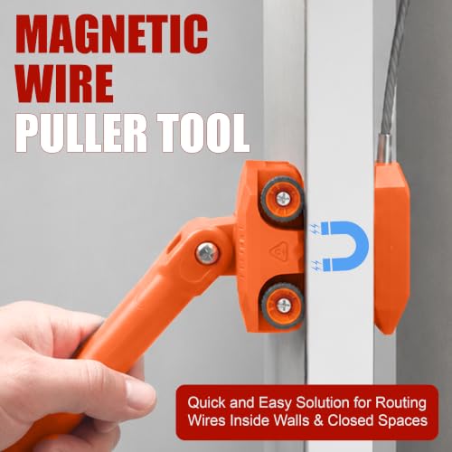 Magnetic Wire Puller, High-Strength Magnet Cable Puller with Stainless Steel Leader, 180° Pivoting Ergonomic Handle, Multi-Function Stud Finder for Electrical Wall Wiring, Comes with Sturdy Case