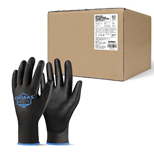 OKIAAS PU Coated Work Gloves Men, Ultra Grip & Lightweight, 60 Pairs Bulk - color: Black (60 Pairs), size: X-Large