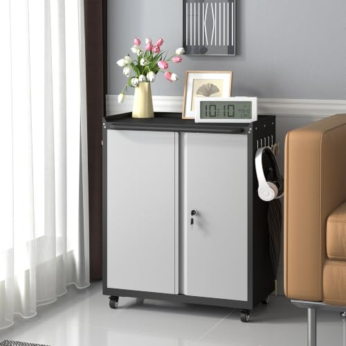 Metal Garage Storage Cabinet with Wheels, Lockable Rolling Tool Cabinet - color: Blackgrey, size: 26" W × 14" D × 31.88" H