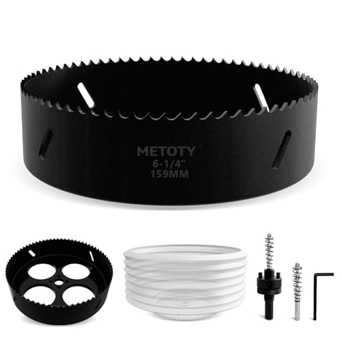 Bi-Metal Hole Saw 6-1/4 Inch with 4-Hole Hollow Center Design & Dust Bowl Catcher – 159mm Hole Cutter for Recessed LED Lights, Cuts Wood, Metal & Drywall, Ideal for Lighting Installation - size: 6-1/4" & BLK