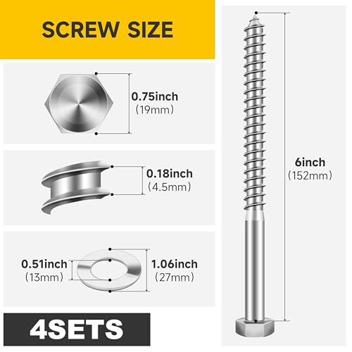 (4Sets) 1/2" x 6" Hex Head Lag Bolts, Heavy Duty Lag Screws with Washers, 304 Stainless Steel Bolts 18-8, Lag Screws Wood Screws, Partial Thread Bright Finish, 1/2 Bolt by Mywish - size: 1/2 x 6" (4 set)