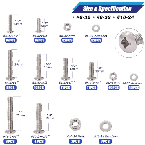 Taiss Machine Screws Nuts and Bolts Assortment Kit,304 Stainless Steel Bolts and Nuts Kit,#6-32#8-32#10-24 8 Sizes Phillips Pan Head Bolt and Nut & Washers,237PCS Machine Screw Assortment