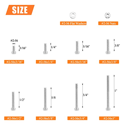 HELIFOUNER 250 Pieces #2-56 x 3/16" 1/4" 5/16" 3/8" 1/2" 5/8" 3/4" 1", Hex Socket Head Cap Screws Bolts Washers Nuts Kit, Coarse Thread, Fully Machine Threaded, 304 Stainless Steel - size: #2-56, style: Socket Head