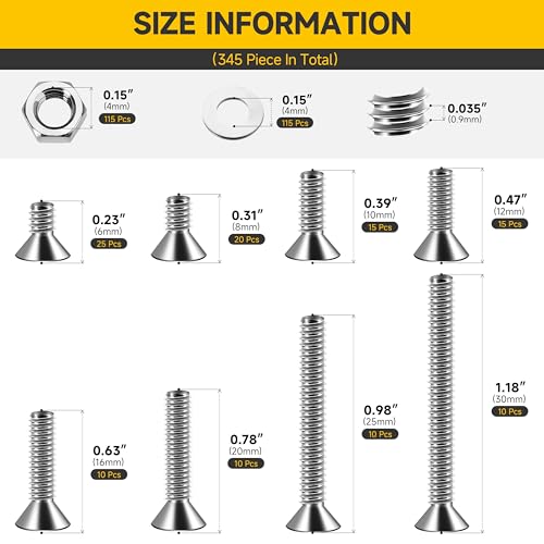 Mywish 345Pcs Metric M4 Screws Assortment Kit, Flat Head Countersunk Socket Cap Assorted Screws Nuts and Bolts, Allen Hex Drive Stainless Steel Screws - style: 345Pcs M4 Flat Head