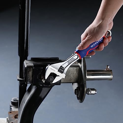 WORKPRO 10-Inch Adjustable Wrench, Wide Jaw, Metric/SAE Scales | Rubber Anti-Slip Grip, Premium Cr-V Steel, Chrome-Plated Finish for Strength and Corrosion Resistance - size: 10 inch