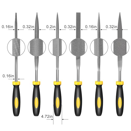 Mini Hand Files, 6pcs, Total 6.3in, Strength Alloy Steel Needle File Set, Small Metal File Tools for Detailed Tasks, Includes Round, Bi-Half Round, Flat, Square, Flat Warding, Triangular